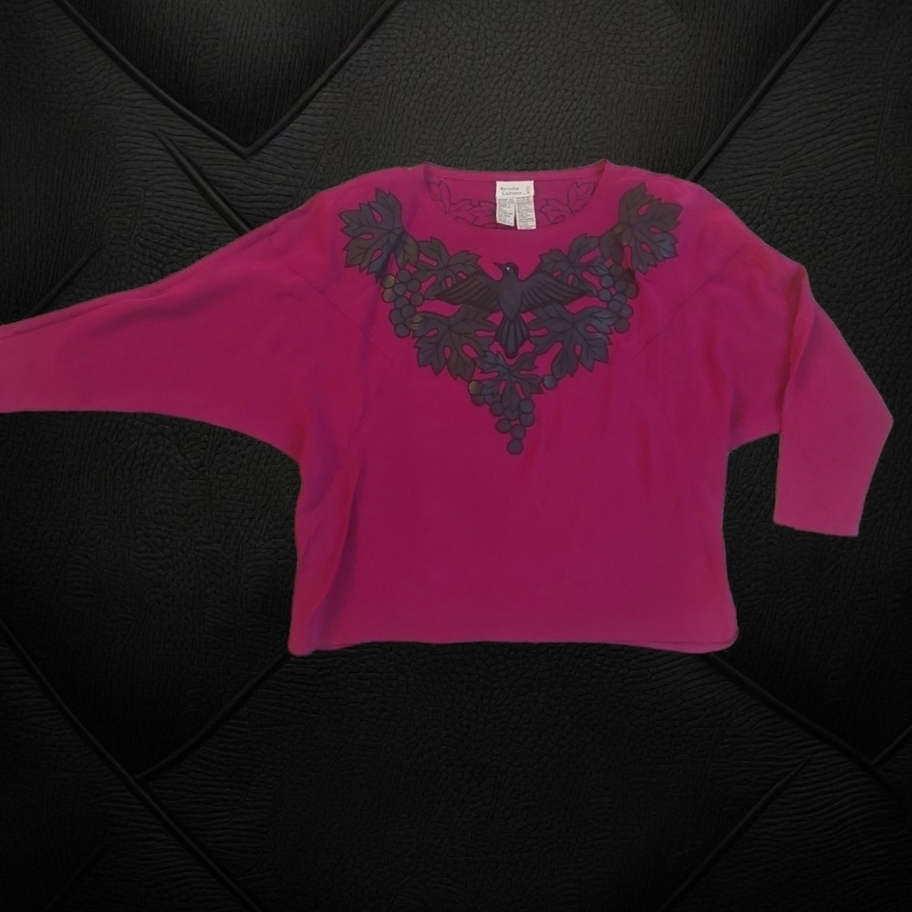 Mercedes & Adrienne VTG Wine/Black Leather Appliqué Top Blouse with 3/4 Sleeves - Picture 4 of 10